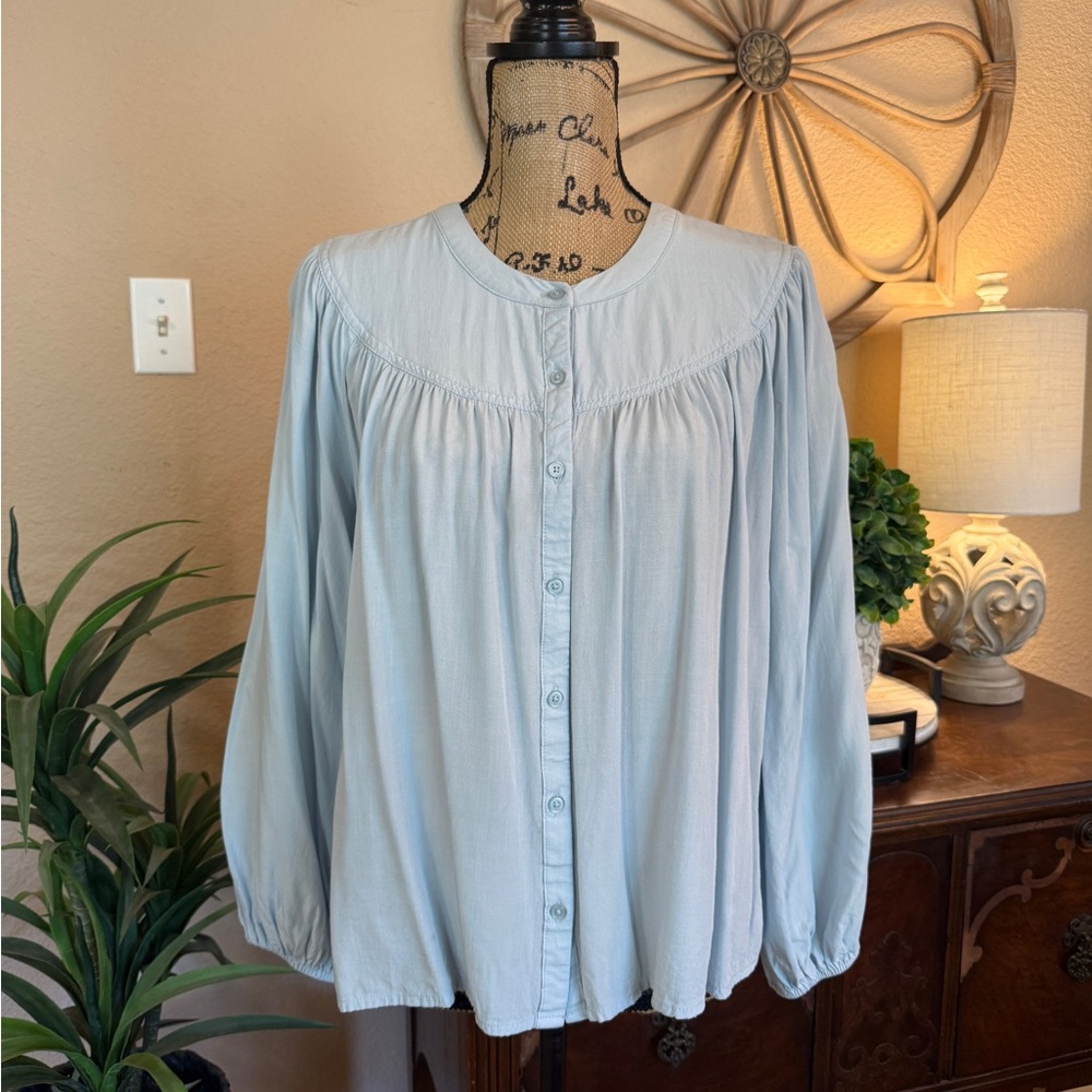 A new day Light Blue Women’s Button-Front Peasant Blouse